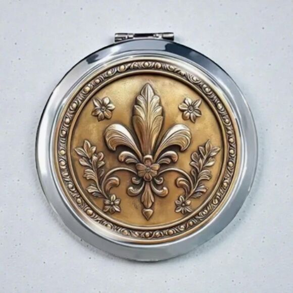 Fleur-de-Lis Compact Mirror Vintage Style Gold Tone Pocket Makeup Mirror 2.76” - Picture 1 of 3